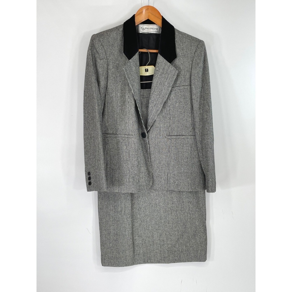 VTG Evan-Picone Women (6)Skirt Suit (4) Blazer Skirt Black White Micro Check USA